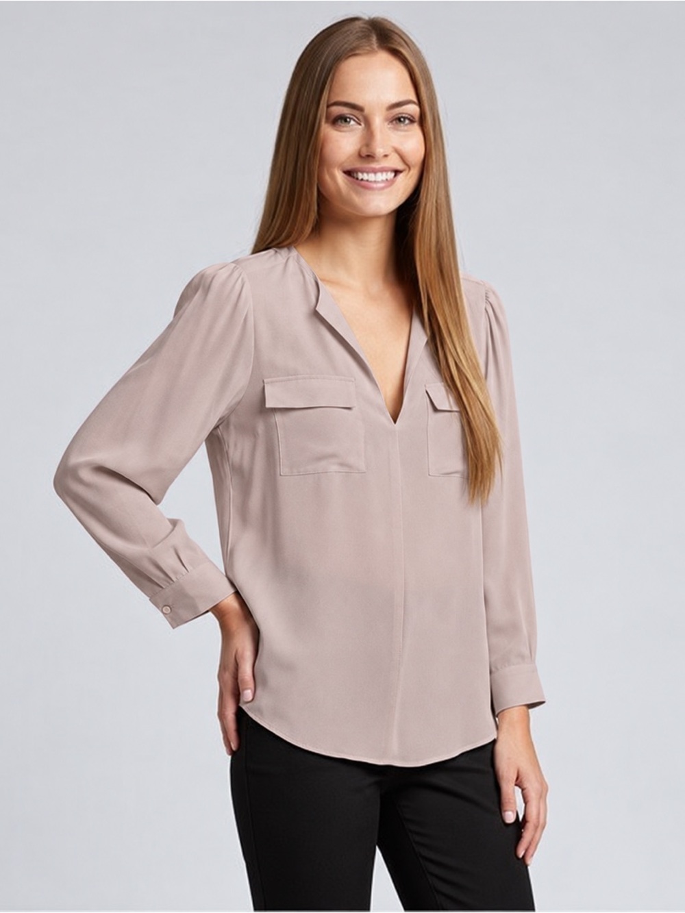 Joie Silk Light Blush V-Neck Long Sleeve Blouse Blush Large